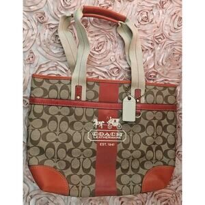 Coach Heritage Signature Tote Bag Women Tan Red Leather Trim Double Handles /LL